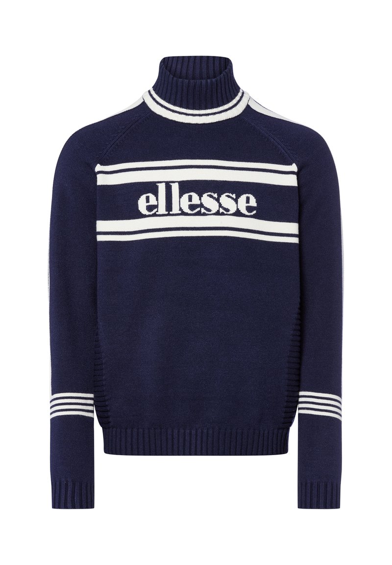 Navy-blaues Strickpullover mit einem hohen Rippkragen, weißen Streifen über der Brust und an den Ärmeln, mit dem weißen "ellesse"-Logo.