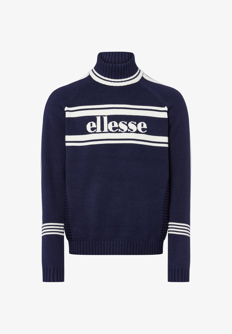 Maglione in maglia blu navy con colletto alto a coste, strisce bianche sul petto e sulle maniche, con il logo "ellesse" in bianco.