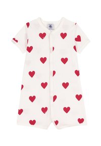 Κοντομάνικο φορμάκι από απαλό βαμβάκι, κρεμ χρώμα με διασκορπισμένα κόκκινα μοτίβα καρδιών, διαθέτει κουμπιά κλιπ στην πρόσοψη για κλείσιμο.