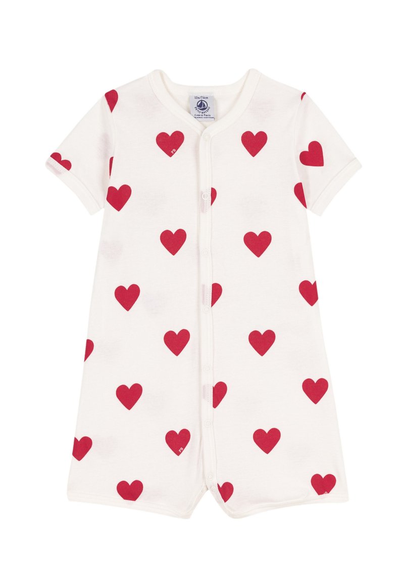 Κοντομάνικο φορμάκι από απαλό βαμβάκι, κρεμ χρώμα με διασκορπισμένα κόκκινα μοτίβα καρδιών, διαθέτει κουμπιά κλιπ στην πρόσοψη για κλείσιμο.