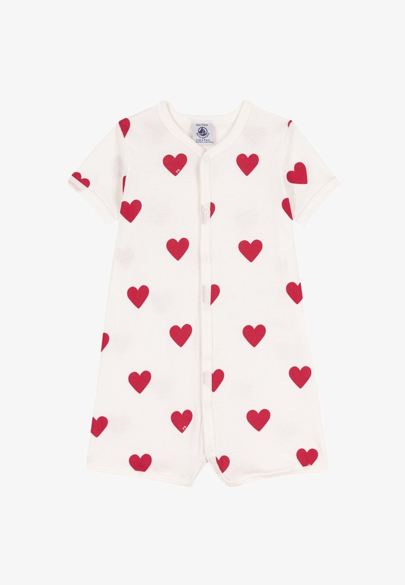 Κοντομάνικο φορμάκι από απαλό βαμβάκι, κρεμ χρώμα με διασκορπισμένα κόκκινα μοτίβα καρδιών, διαθέτει κουμπιά κλιπ στην πρόσοψη για κλείσιμο.