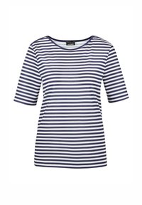 Gestreiftes Kurzarmhemd mit navyblauen und weißen horizontalen Streifen, runder Halslinie und lässiger Passform. Aus weichem Stoff gefertigt.