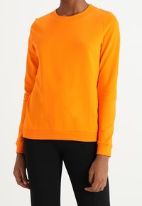 Oranges Crewneck-Sweatshirt aus weichem Stoff, mit langen Ärmeln und geripptem Saum. Keine sichtbaren Muster oder Beschläge.