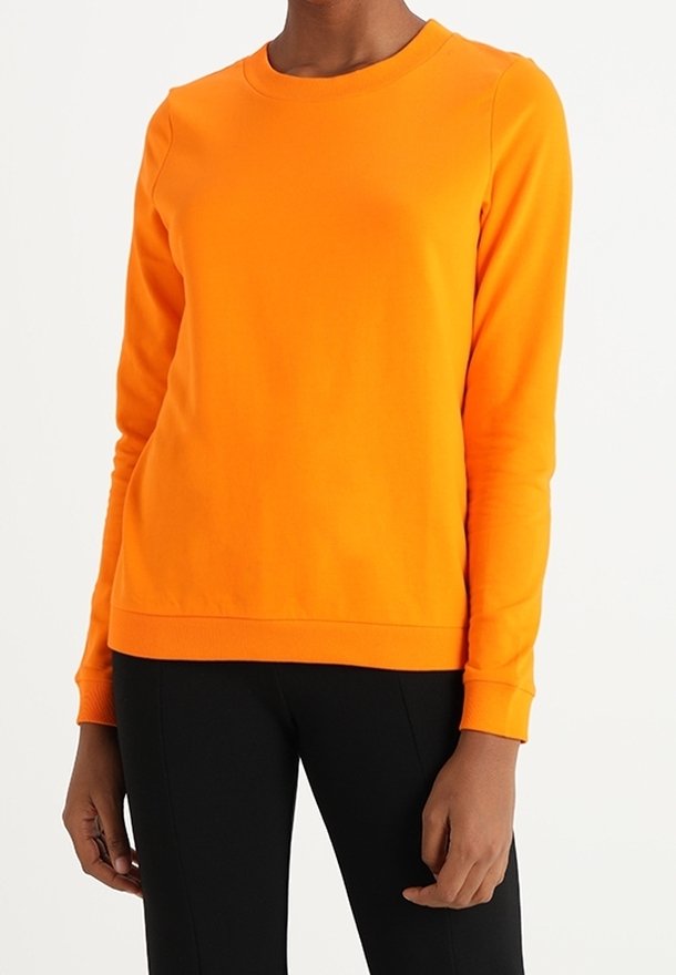 Oranges Crewneck-Sweatshirt aus weichem Stoff, mit langen Ärmeln und geripptem Saum. Keine sichtbaren Muster oder Beschläge.
