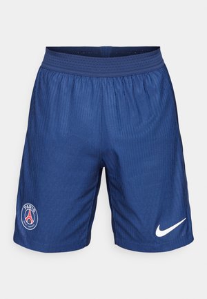 Blå Nike shorts med et struktureret mønster, elastisk talje og Paris Saint-Germain logo på venstre ben. Hvid Nike swoosh akcent på højre.