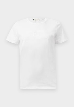 White cotton t-shirt with a crew neckline. Features a subtle embossed graphic design on the front. Short sleeves and straight hem.