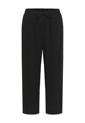 Schwarze, knielange Hosen aus weichem Stoff mit einem elastischen Bund und Kordelzug. Sie haben einen lockeren Schnitt und keine sichtbaren Muster.