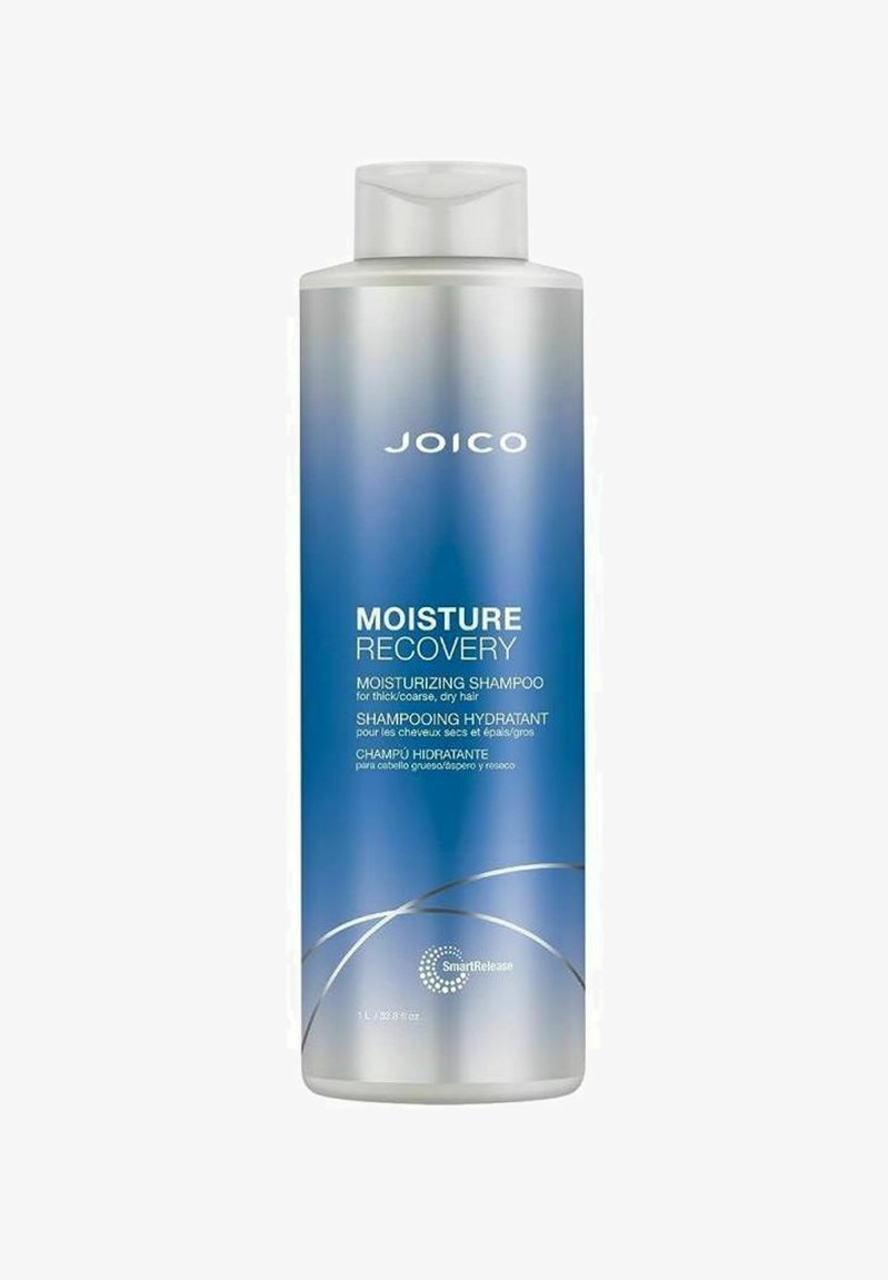 Kosteuttava shampoo korkeassa, läpinäkymättömässä pullossa, sinisilveri-gradiantti, valkoinen logo ja tuotedetails kolmella kielellä.