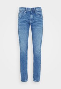 Ljusblå denimjeans med smal passform, utrustade med fem fickor och subtilt blekning. Tyget är slätt med en något använd känsla.