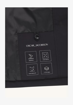 Musta takki, jossa on sisämerkki, joka esittää symboleita tuulenpitävyydelle, vedenkestävyydelle, 4-suuntaliikkuvuudelle ja kolmekerroksiselle kankaalle.