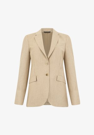 Beige gestreepte blazer met een notch revers, twee voorzakken en twee knopen. Geweven stof met een gladde voering.