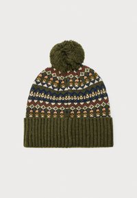 Olive roheline kudumismüts, millel on soonikkoes äär, multicolored lillemuster ja pehme pom-pom peal.