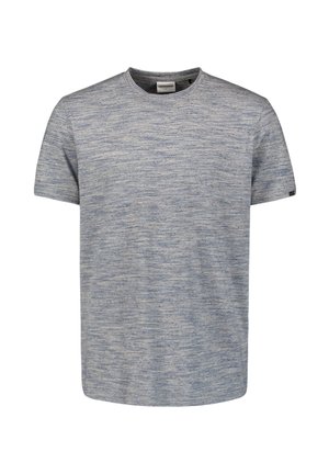 Grijze en blauwe gestreepte T-shirt met korte mouwen, gemaakt van zachte, gestructureerde stof. Ronde halslijn met een label aan de achterkant. Eenvoudig, casual ontwerp.