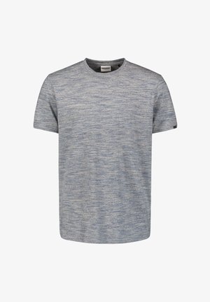 Grijze en blauwe gestreepte T-shirt met korte mouwen, gemaakt van zachte, gestructureerde stof. Ronde halslijn met een label aan de achterkant. Eenvoudig, casual ontwerp.