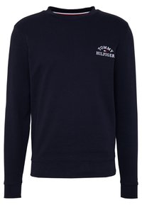 Sudadera navy de algodón con cuello redondo. Presenta un logo bordado en blanco en el pecho, puños y dobladillo acanalados.