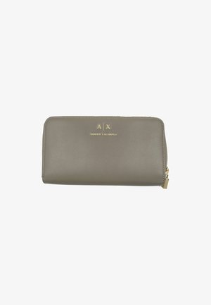 Billetera de cuero gris con el logo dorado "A|X" y cierre con cremallera. Textura suave y forma rectangular, con un diseño minimalista.