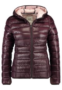 Burgundy puffer jacket with a zip front, hood, and quilted design. Features a smooth, shiny exterior and a light pink lining.