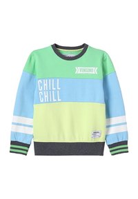 Suéter colorido en verde, azul y azul claro con el texto "CHILL CHILL", puños a rayas y una cintura gris. Fabricado con material suave.