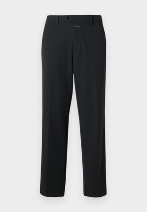Pantalones negros de corte recto, fabricados en una tela suave. Presentan un cierre frontal con botón y detalles de costura sutiles. Diseño liso sin patrones.