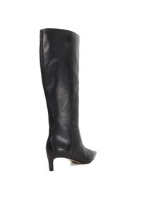 Black leather knee-high boot with a pointed toe, slim heel, and smooth texture. The side has minimal detailing and a clean silhouette.