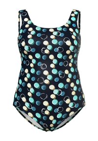 Maillot de bain une pièce en bleu marine foncé avec des motifs circulaires colorés en teal, bleu clair, crème et blanc. Tissu lisse, bretelles larges.