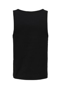Camiseta sin mangas negra en una tela suave y acanalada, con un escote redondo y dobladillo recto. Sin patrones visibles ni herrajes.