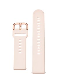 Svetlo roza silikonski naramnica za uro z rose gold kovinsko sponko, ki ima več lukenj za prilagajanje velikosti.