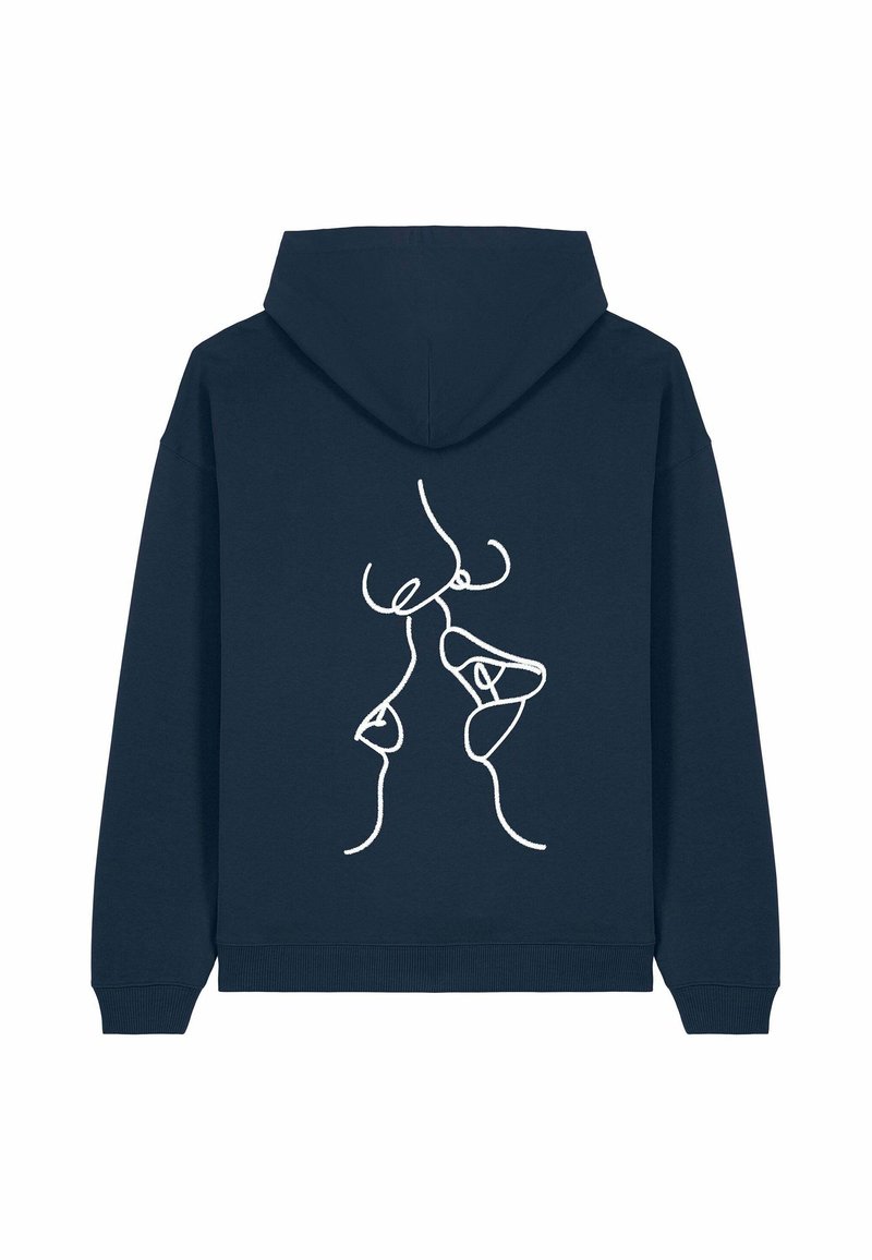 Felpa blu navy con un semplice disegno in bianco di due volti che stanno per baciarsi sul retro.