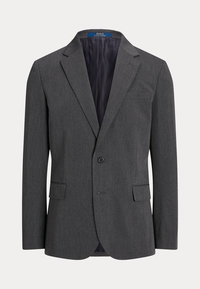 Grijze wollen blazer in een mixmateriaal met een enkele knoopsluiting, gelapte revers en twee voortassen. Binnenvoering in een donkere kleur met merklabel.