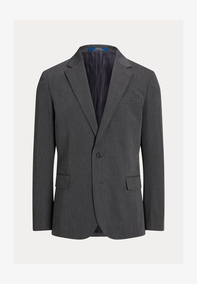 Grijze wollen blazer in een mixmateriaal met een enkele knoopsluiting, gelapte revers en twee voortassen. Binnenvoering in een donkere kleur met merklabel.