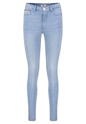 Lichtblauwe skinny jeans met knoop en rits aan de voorkant, vijf zakken en Tommy Jeans label op de tailleband.