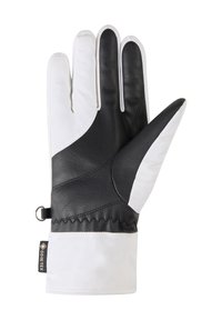 Gore-Tex-Handschuh mit einem weißen Stoffrücken und einer schwarzen Lederhandfläche. Strukturierte Griffmuster auf der Handfläche und den Fingerbereichen; elastisches Handgelenk.