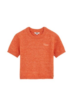 Korte mouwen oranje gebreide trui met ronde hals en "Voilà" geborduurd op de linkerkant van de borst.