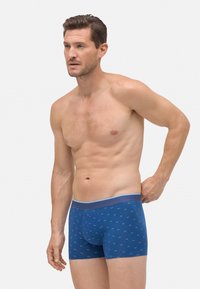 Hombre sin camiseta con pelo castaño corto, vistiendo bóxers azules con patrones de pequeños perros, ajustando la cintura con la mano derecha.