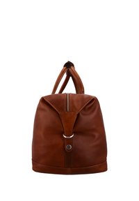 Borsa a mano in pelle marrone con cerniera superiore, una fascia centrale in pelle con anello metallico e bottone automatico, e due manici corti.