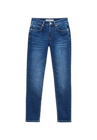 Jean en denim bleu avec une coupe slim, cinq poches, fermeture par boutons et détails légèrement délavés sur les cuisses et les genoux.