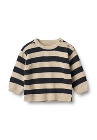 Randig tröja i svart och beige bomull, rundad halsringning, långa ärmar och två knappdekorationer på axeln. Strukturerad stickad mönster.
