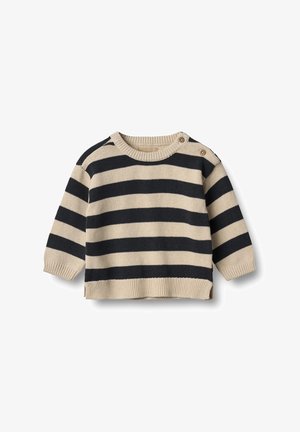 Csíkos pulóver fekete és bézs pamutból, kerek nyakkivágással, hosszú ujjakkal, valamint két gombos díszítéssel a vállon. Texturált kötött minta.