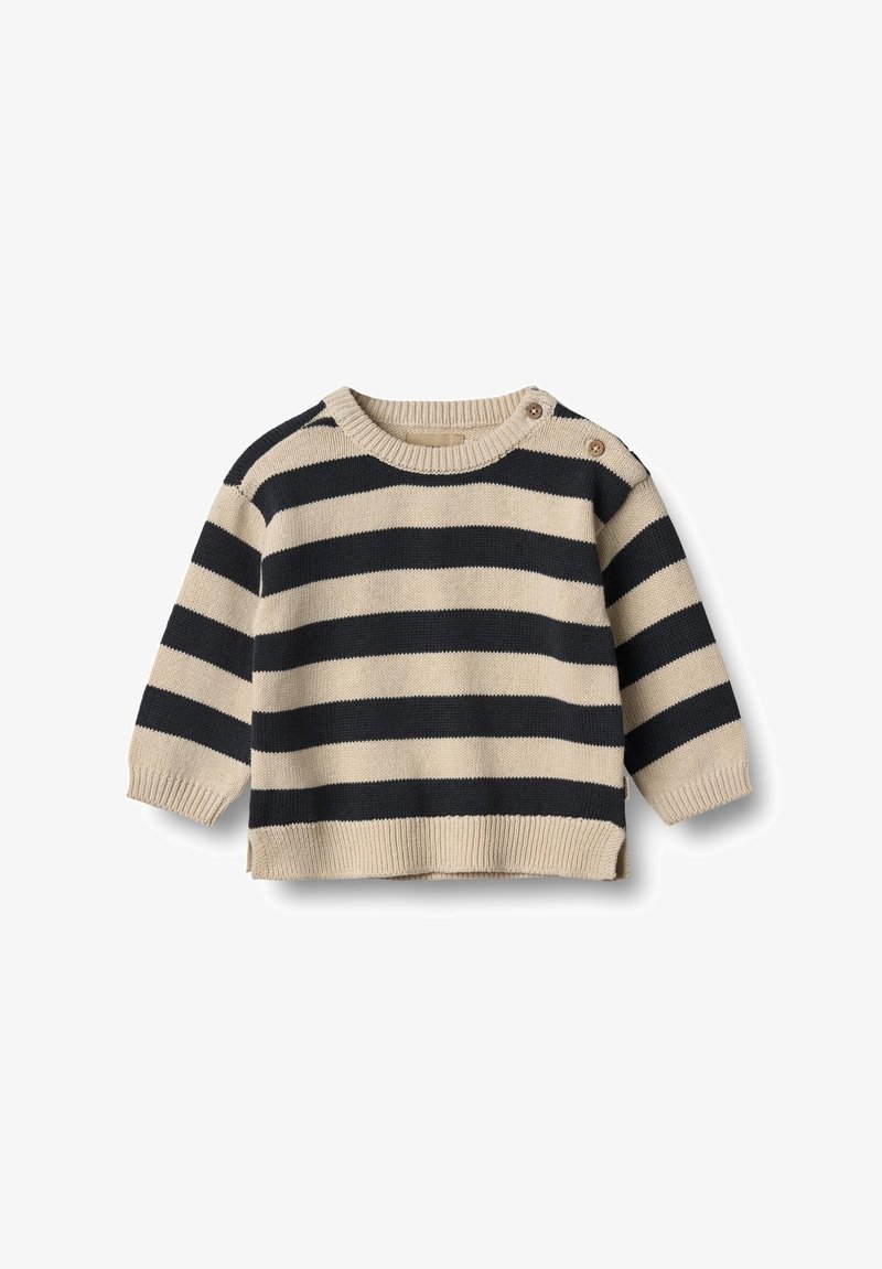 Pull rayé en coton noir et beige, col rond, manches longues et deux accents de bouton sur l'épaule. Motif tricoté texturé.