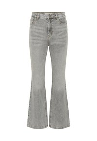 Šedé rozšířené džíny z denimu, s vysokým pasem, jemným vyblednutím a klasickým designem pěti kapes. Zapínání na značkový knoflík a zip.