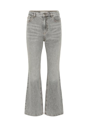 Gray flared jeans made of denim, featuring a high waist, subtle fading, and classic five-pocket design. Branded button and zipper closure.