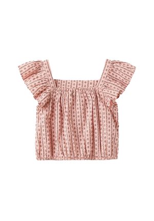 Crop top rose sans manches avec petits imprimés floraux marron et bretelles à volants sur fond blanc.