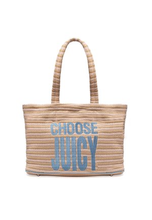 Borsa a rete beige con testo blu "SCEGLI JUICY". Presenta due manici e una forma rettangolare strutturata. Finitura in tessuto testurizzato.