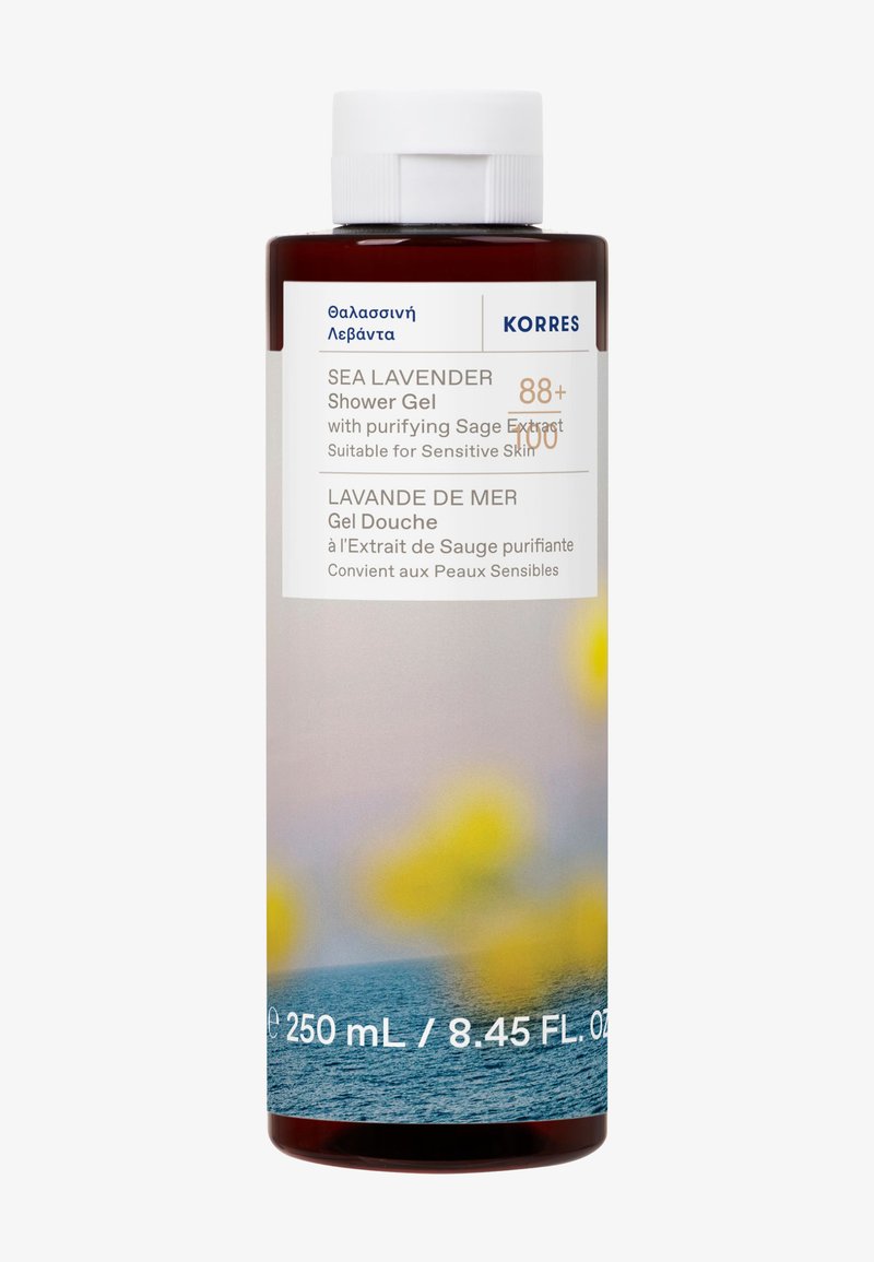 Sea Lavender shower gel bottle with purifying sage extract, labeled for sensitive skin, capacity 250 mL, with ocean and yellow flower design.
