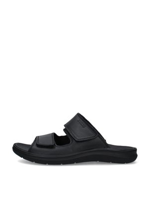 Sandalo nero in pelle con punta aperta, due cinturini in velcro regolabili e suola bassa imbottita, mostrato di profilo su sfondo bianco.