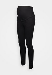 Jeans de maternidad negros con una cinturilla elástica, diseño ajustado y bolsillos frontales, fabricados en material de mezclilla.