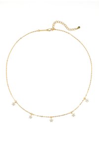 Złoty naszyjnik żeński z pięcioma małymi zawieszkami w kształcie gwiazdek, każda osadzona w pojedynczym przezroczystym kamieniu szlachetnym, z zapięciem na homara i regulowaną długością.
