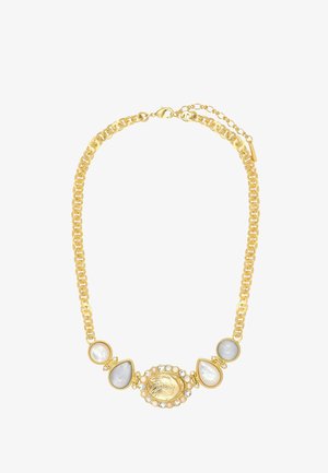 Collier chaîne en or avec cinq grandes pierres précieuses et des perles, comprenant une pierre centrale ovale entourée de petites perles et cristaux.