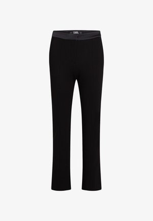 Pantaloni negri dintr-un material neted, cu croi drept și talie elastică. Include detalii cu cusături verticale.