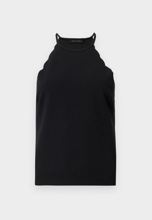 Top noir sans manches à col halter avec bords festonnés et fines bretelles, présenté sur un fond clair uni.
